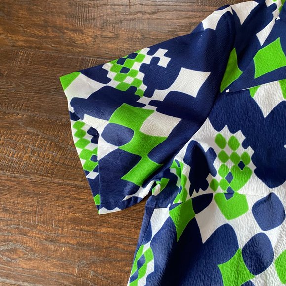 Vintage 1960s Dark Blue & Green Mod Abstract Midi Shift Shirt Collar Dress - Picture 6 of 7